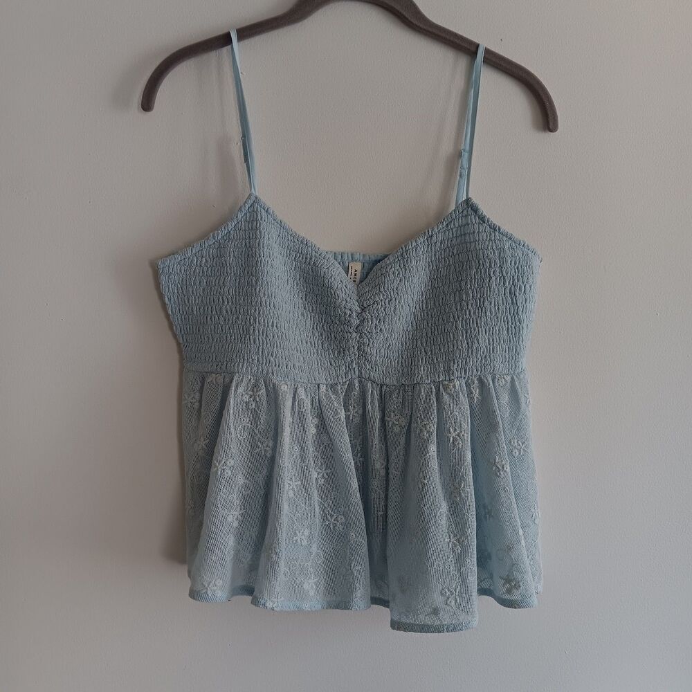 American Eagle smocked babydoll tank top floral sheer baby blue coquette M